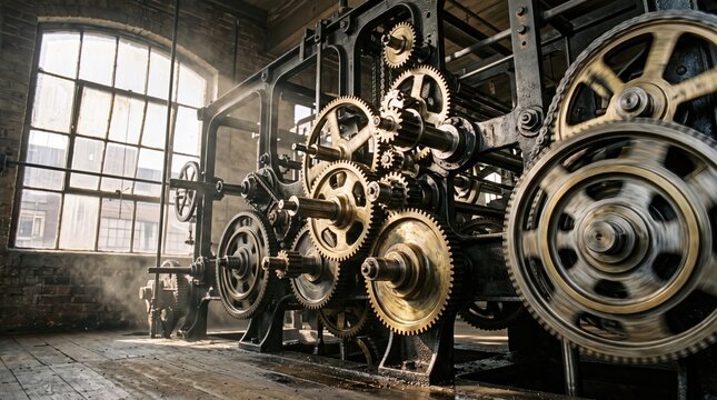 Vintage industrial machinery with large brass gears in sunlit factory workshop