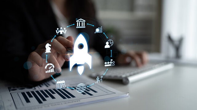 A professional setting featuring a rocket icon representing business growth, surrounded by financial charts and digital elements, highlighting the importance of innovation and success. Nascent