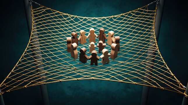 Wooden figures in a circle on a rope safety net representing social security and teamwork