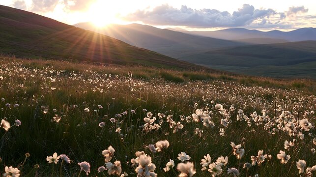 Crepuscular rays shining over a flower-filled meadow