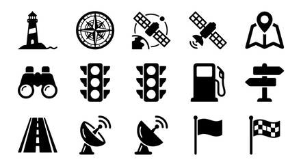 Obraz premium Navigation Icons Set: Lighthouse, Compass, Satellite, Map, Traffic Lights, Gas Station, Road, Flag