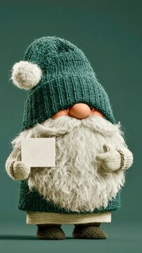 Cute Knit Garden Gnome Holding Blank Card Copy Space
