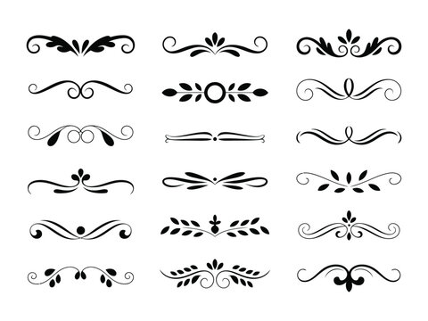 Twelve decorative floral dividers and ornate text separators featuring leaves and swirls in black ink style