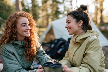 Fototapeta premium Two friends at a campsite exchanging smiles and hot drinks in morning light for outdoor background and lifestyle banner design