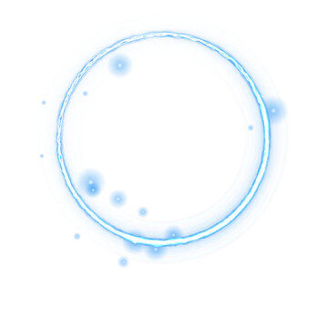Glowing blue energy ring with floating particles and light streaks isolated on a transparent background