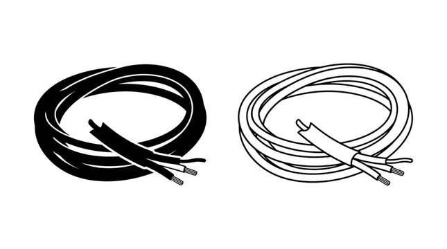 Coiled electrical cable with exposed wire ends black and white illustration