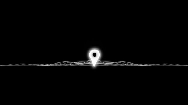 Minimalist digital location pin icon animation over a smooth glowing wireframe landscape against a pitch black background for modern navigation UI
