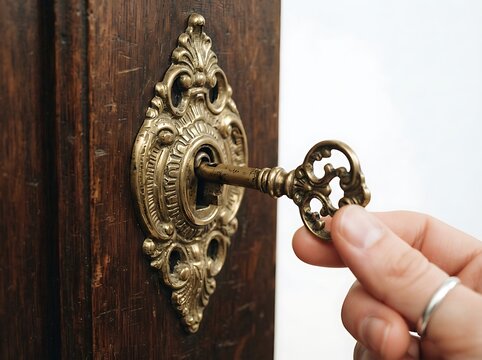 Vintage door lock with ornate key being inserted