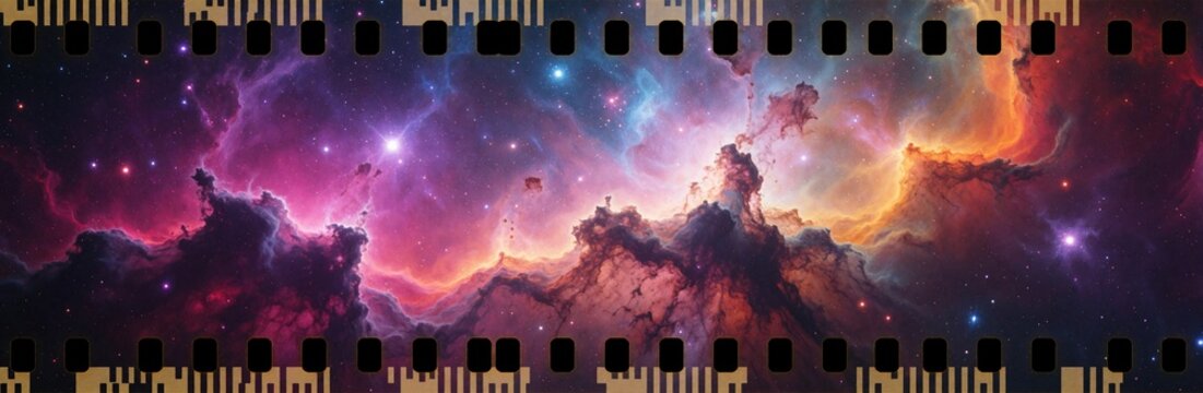 Colorful space nebula seen through vintage film strip. Vibrant cosmic clouds with stars, purple, pink, blue, orange tones. Abstract galaxy pattern with celestial texture for retro background design