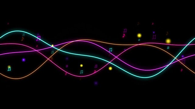 Abstract music background with glowing neon waves and floating musical notes on a black backdrop, perfect for audio visualizers and digital concert themes