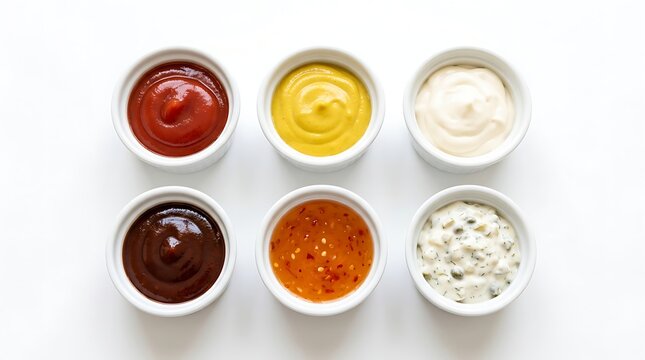 Assorted sauces in small white ramekins for condiment display