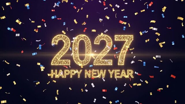 Magical golden 2027 Happy New Year reveal with falling confetti and glowing particles on dark background