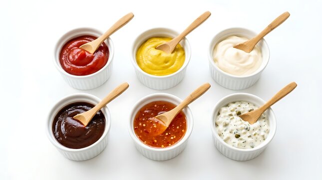 Assorted sauces in small white ramekins for condiment display