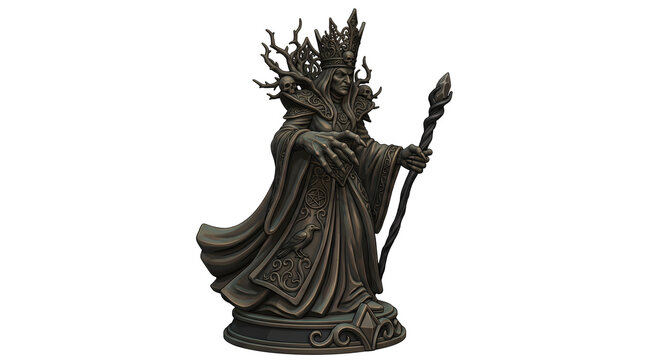 Dark queen statue adorned with antlers crown skulls for fantasy or horror game art.