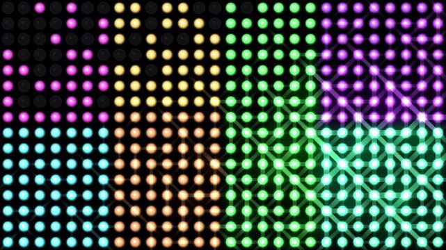 Abstract digital grid of glowing colorful spheres, led screen effect, technology background with multicolored light dots in a matrix pattern