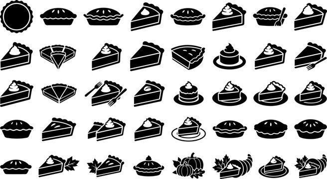 Set of black and white vector icons featuring various styles of delicious pumpkin pie and pastry slices