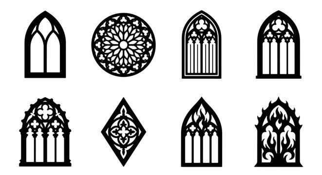 Gothic Window Vector Icons, Architectural Elements, Ornate Arches, Medieval Design Set