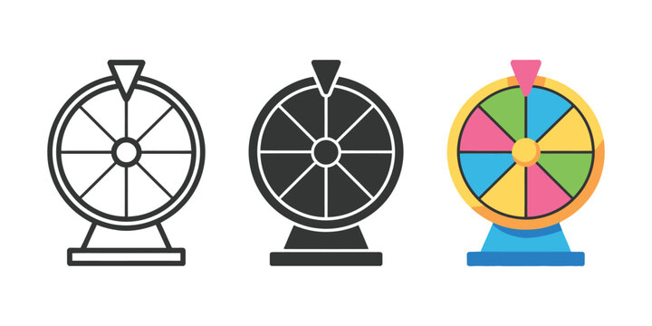 Lucky wheel prize draw icons, spinning wheel symbols for gaming rewards, random selection, contests, giveaways, winning, entertainment, and promotional events.