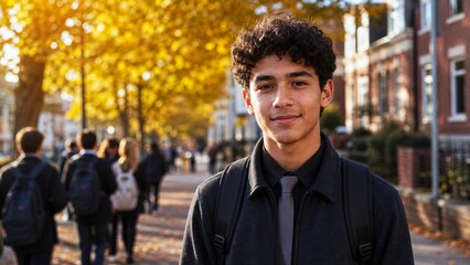 Obraz premium Young male college student portrait on autumn campus