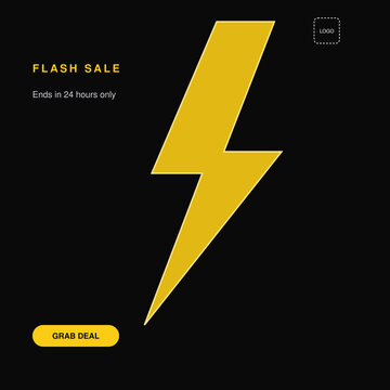 Abstract red flash sale icon vector minimalist lightning bolt with promotional text on black background for retail advertisement