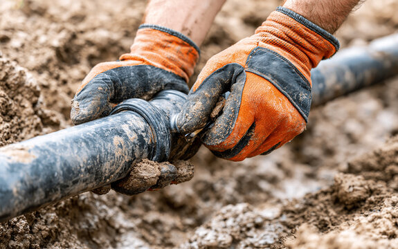 Worker hands in gloves connecting black water pipes in soil trench
