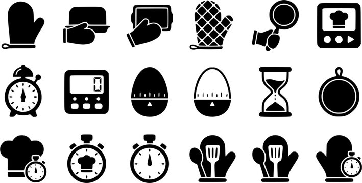 Oven Mitt & Kitchen Timer Silhouette Icon Set. Collection of food & culinary silhouettes, including oven mitt & kitchen timer, detailed cooking utensil and cookware shapes, and more.