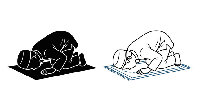 Silhouette of a praying person on a rug linear vector illustration