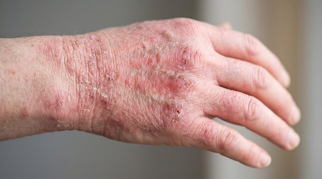 Close up of a human hand showing severe skin irritation redness and inflammation caused by dermatitis or eczema