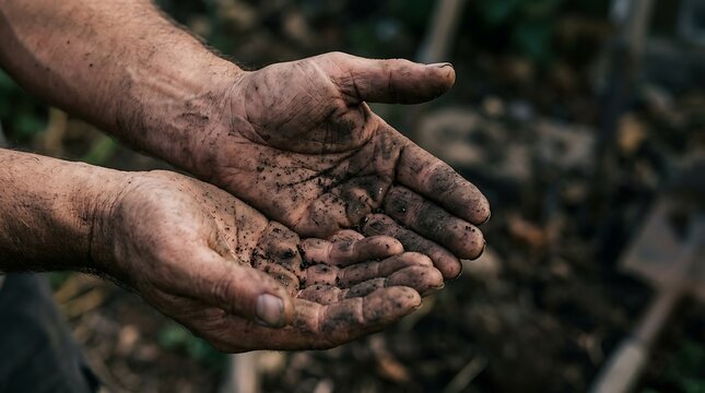 Close up of a gardener holding a handful of rich dark soil in their dirty hands
