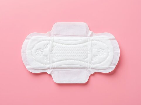 A single white sanitary pad for feminine hygiene isolated on a soft pastel pink background