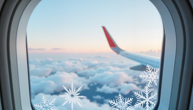 Airplane wing and clouds viewed through a window with snowflakes  