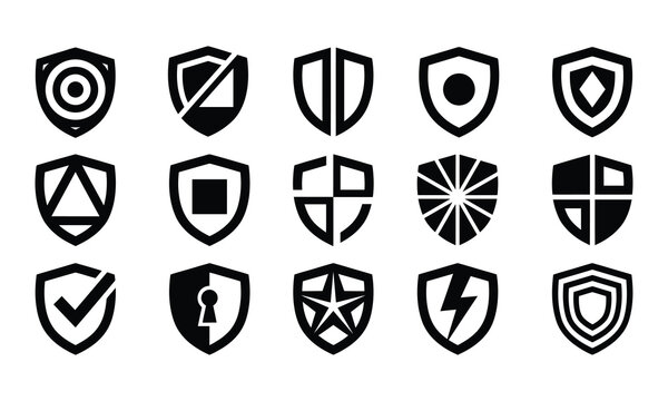 A collection of fifteen unique black and white shield icons representing security protection and digital safety concepts