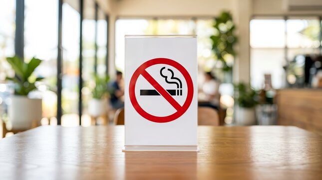 No smoking symbol in a clear acrylic stand at a coffee shop table.