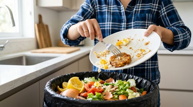 Environmentally responsible person disposing of rotten vegetables and food scraps into a trash bin.