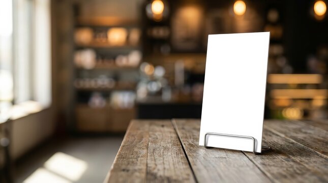 Restaurant menu stand mockup with a blank tent card and key visual layout in a cafe setting.