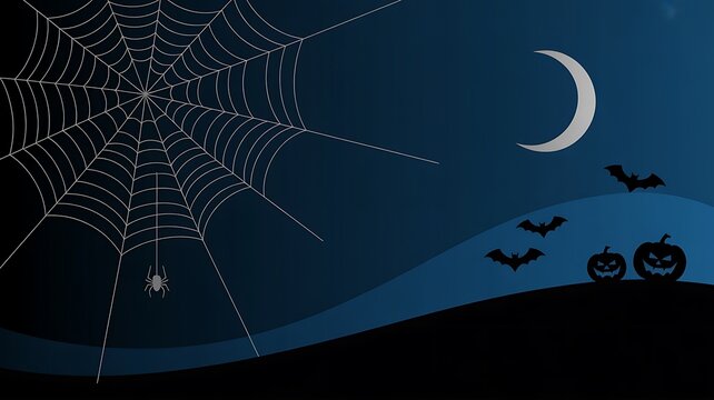 Spooky halloween night scene with crescent moon bats and jackolanterns on a hill