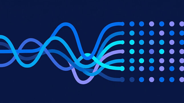 Digital data stream JPG vector illustration featuring wavy lines connecting to glowing blue and purple dot grid for technology concepts.