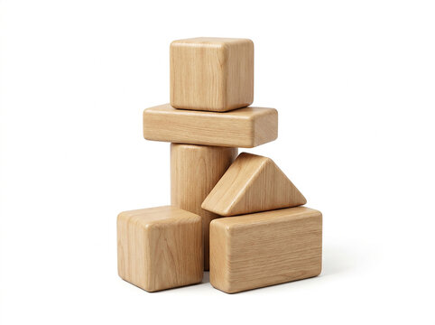 Wooden toy blocks JPG vector illustration featuring a stack of natural wood geometric shapes for toddler education and creative play.