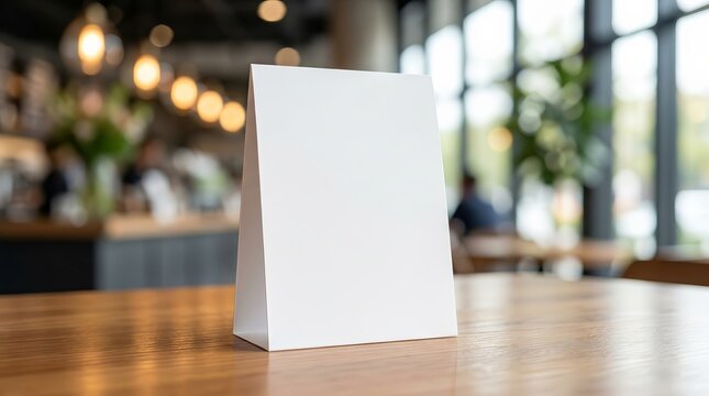 A white tent card mockup stand on a wooden counter with a bokeh cafe background.