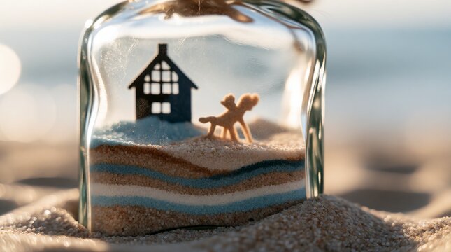 Miniature house and figure inside a glass bottle on a sandy beach at sunset