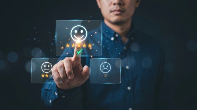 Virtual customer feedback rating icons showing happy, neutral, and sad faces.