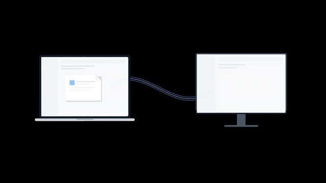 A clean SaaS-style animation showing a digital document transferred from a Mac computer to a Windows workstation through a connected data path. Ideal for file sharing, cloud collaboration, remote work