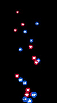 Seamless looping social media thumb and heart icons floating upward on black background in 4K