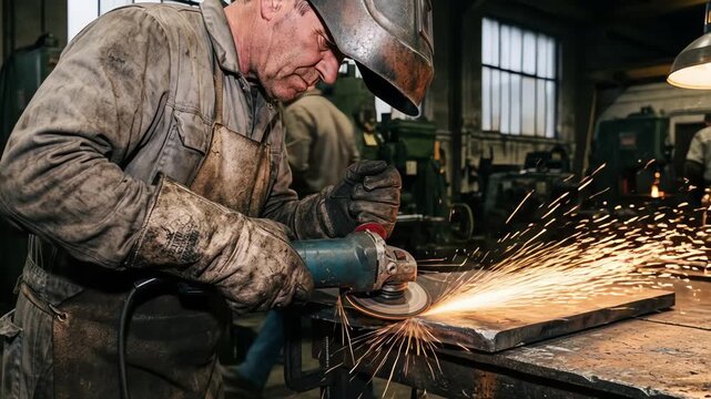 Industrial metalworker using angle grinder with bright sparks