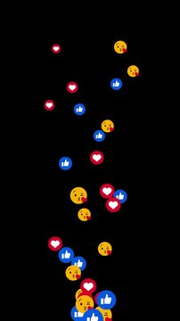 Seamless looping thumbs up, red heart and kissing emoji icons floating upward on black background in 4K