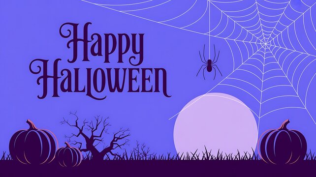 Festive halloween night scene with pumpkins and a glowing full moon in a blue sky