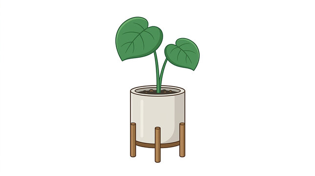 Potted houseplant JPG vector illustration featuring a green indoor plant in a ceramic pot with a wooden stand for modern home decor concepts.