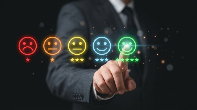 Customer review satisfaction concept featuring a businessman selecting a happy emoticon on a virtual screen.