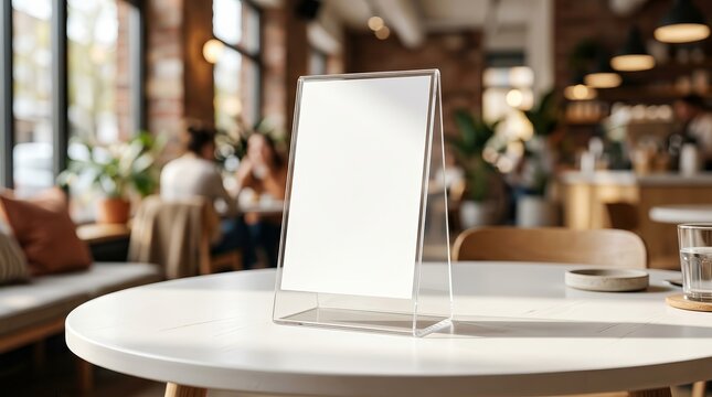 Acrylic tent card stand mockup for menu design on a round cafe table.