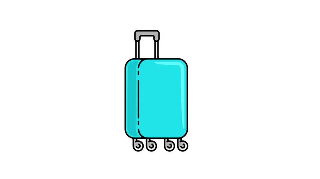High-quality 2D animated vector graphic of a rolling travel suitcase that pops up and slides out to open a wide text placeholder. Ideal for travel vlogs, vacation promos, and tourism intros requiring 